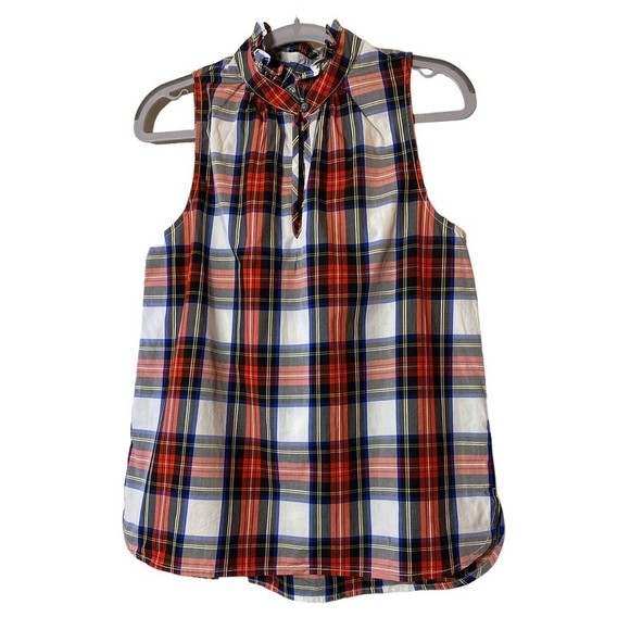 NWT J Crew Plaid Ruffle Mock‎ Neck Tank Top Blouse Size 0 Red Holiday Tartan - Picture 1 of 4